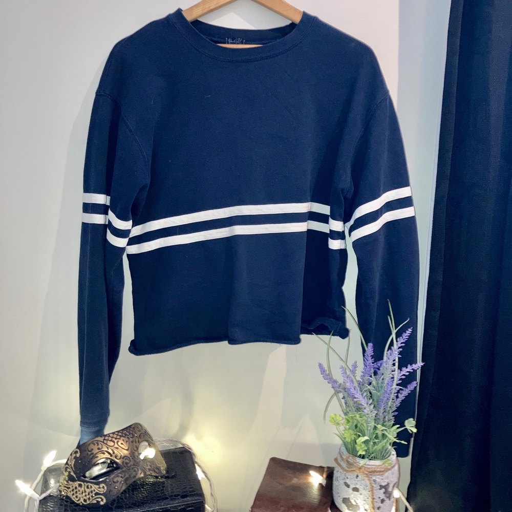 Dark Navy Blue and White Striped Crew Neck